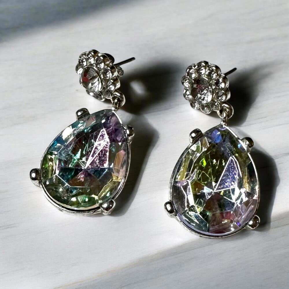 Iridescent Rhinestone Teardrop Statement Earrings Silver 1.5”